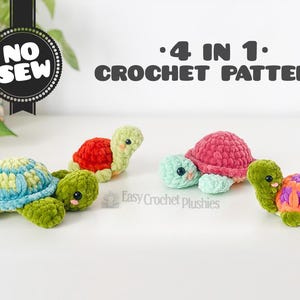 May include: Four colorful crochet turtle plushies with green, blue, red, pink, and orange shells. The image includes text that says "NO SEW" and "4 IN 1 CROCHET PATTERN". The plushies are on a white surface.