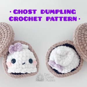 May include: A crochet pattern for a ghost dumpling, featuring two plush beige containers with lids and two white ghost figures with purple bows, black eyes, and pink cheeks. The text reads NO SEW and GHOST DUMPLING CROCHET PATTERN.
