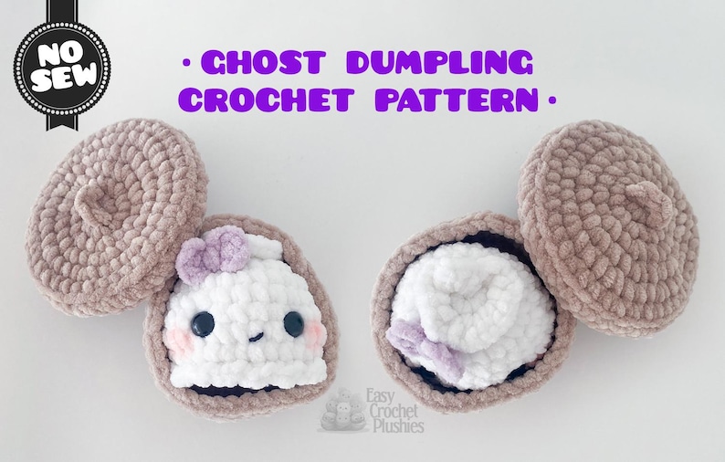 May include: A crochet pattern for a ghost dumpling, featuring two plush beige containers with lids and two white ghost figures with purple bows, black eyes, and pink cheeks. The text reads NO SEW and GHOST DUMPLING CROCHET PATTERN.