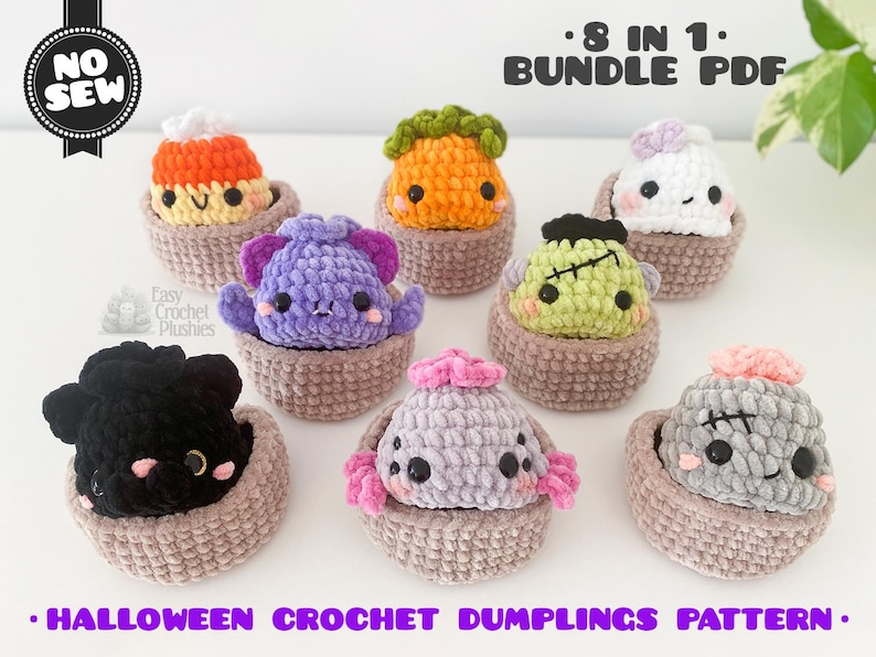 May include: Eight crochet plushies in brown baskets, including a candy corn, pumpkin, ghost, purple bat, Frankenstein monster, black cat, spider, and zombie. Text reads 8 IN 1 BUNDLE PDF, NO SEW, and HALLOWEEN CROCHET DUMPLINGS PATTERN.