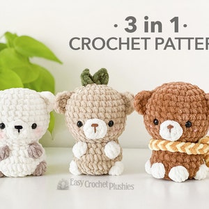 Orsetto all'uncinetto senza cuciture, Amigurumi senza cuciture, Peluche all'uncinetto - SCHEMA PDF 3 in 1