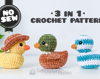 Patrón de crochet de patito de goma sin costuras, amigurumi de peluche fácil y rápido, 30 minutos, 3 en 1, PDF