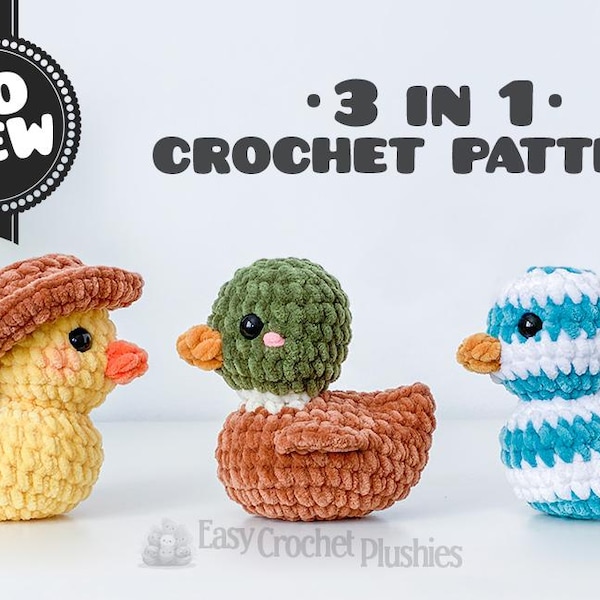 No Sew Rubber Ducky Crochet Pattern Easy Amigurumi Plushie Fast 30 minutes 3-in-1 PDF