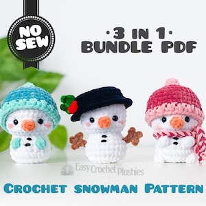 May include: Three crocheted snowman plushies with orange noses and black eyes. The left wears a teal hat, the center a black hat with holly, and the right a pink hat and scarf. Text reads: NO SEW, 3 IN 1 BUNDLE PDF, Easy Crochet Plushies, CROCHET SNOWMAN PATTERN.