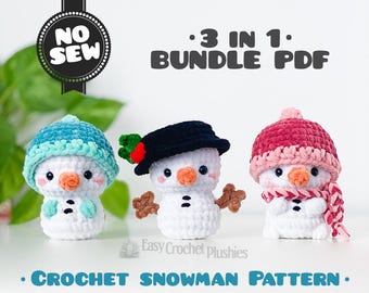 May include: Three crocheted snowman plushies with orange noses and black eyes. The left wears a teal hat, the center a black hat with holly, and the right a pink hat and scarf. Text reads: NO SEW, 3 IN 1 BUNDLE PDF, Easy Crochet Plushies, CROCHET SNOWMAN PATTERN.