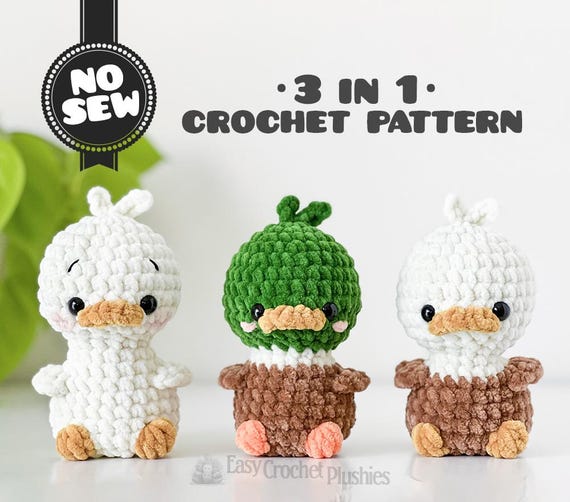 Crochet Duck Pattern, No Sew Birds Amigurumi Plushie, 3-in-1 Bundle PDF