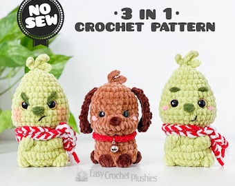 Crochet Grinch Pattern, Christmas Amigurumi, No Sew Plushie, 3-in-1 PDF