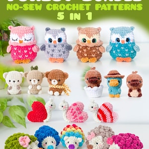 May include: A selection of handmade, no-sew crochet plush toys in a forest theme. The image shows owls, bears, snails, and hedgehogs in various colours, including pink, blue, brown, and green. The text "FOREST BUNDLE" and "NO-SEW CROCHET PATTERNS 5 IN 1" is displayed at the top.