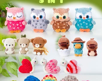 NO SEW Forest Amigurumi Bundle, 5 Animals Crochet Patterns: Owl Bear Hedgehog Snail Platypus PDF