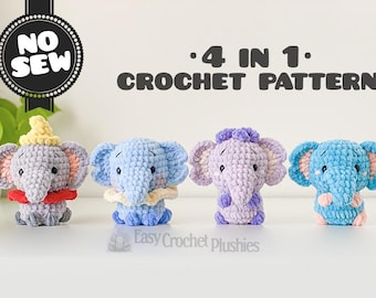 Patrón de elefante a crochet: Amigurumi fácil y rápido, sin costuras, 4 en 1 (PDF)