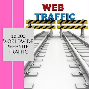 Può includere: Un'illustrazione 3D di un binario ferroviario con due barriere gialle e nere a strisce che bloccano il percorso. Le barriere hanno le parole "WEB TRAFFIC" scritte in lettere blu e rosse. Il testo "10,000 WORLDWIDE WEBSITE TRAFFIC" è scritto su un cartello bianco a sinistra del binario.