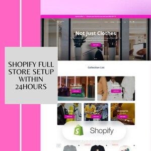 May include: A screenshot of a Shopify store website with the text "Not Just Clothes" on the homepage. The website features a collection list with categories such as "Bucket Bags", "Trousers", "T-shirts", "Suits", and "Accessories".