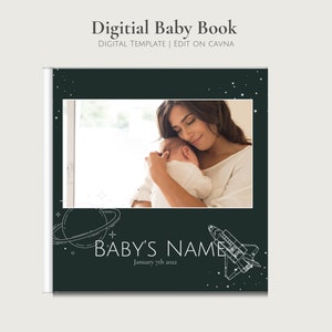 Digital Baby Book Template, Printable Baby Book, First Year Photo & Baby Milestone Journal, Space Themed | Edit on Canva | 20x20 cm