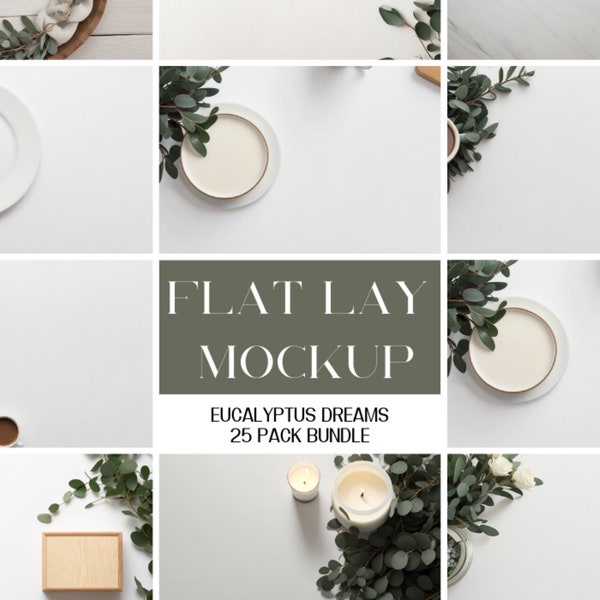 25 x Eucalyptus Themed Table Flat Lay Mockup Bundle Add Your Own Products | Versatile Digital Backgrounds for Minimalist, Wedding and Spa