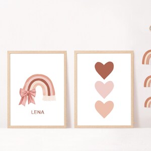 Set 2 affiches enfant personnalisées arc en ciel rose, affiche prénom bebe, décoration chambre bebe, cadeau de naissance personnalisé