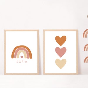 Juego de 2 carteles infantiles bohemios arcoíris personalizados, póster con nombre de bebé, decoración de habitación de bebé, regalo de nacimiento personalizado