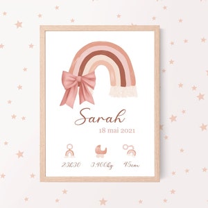 Póster de nacimiento arcoíris personalizado con lazo rosa, habitación de bebé, regalo de nacimiento. Nombre, fecha y hora, peso, altura