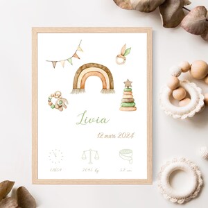 Cartel de nacimiento arco iris personalizado, sonajero, habitación para bebés, regalo de nacimiento personalizado. Nombre, fecha - Hora, peso, altura