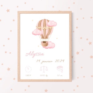 Pôster de nascimento personalizado com balão de ar quente rosa, quarto de bebê, presente de nascimento personalizado. Primeiro nome, data - hora, peso, altura