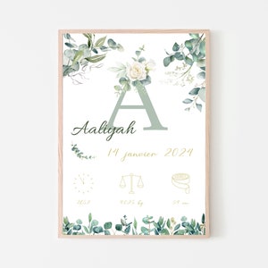 Pôster de nascimento personalizado com flores, quarto de bebê, presente de nascimento personalizado. Primeiro nome, data - hora, peso, altura