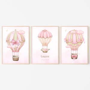 Set de 3 carteles infantiles personalizados con globos aerostáticos rosas, cartel de nacimiento con nombre, decoración habitación bebé, regalo recién nacido