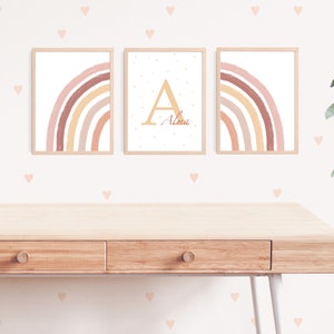 Set 3 affiches enfant personnalisées arc en ciel, affiche naissance initiale, décoration chambre bebe, cadeau nouveau né. Initiale prénom