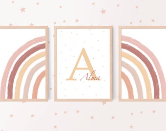 Decorative baby posters, baby room, rainbow initial first name, personalized birth gift