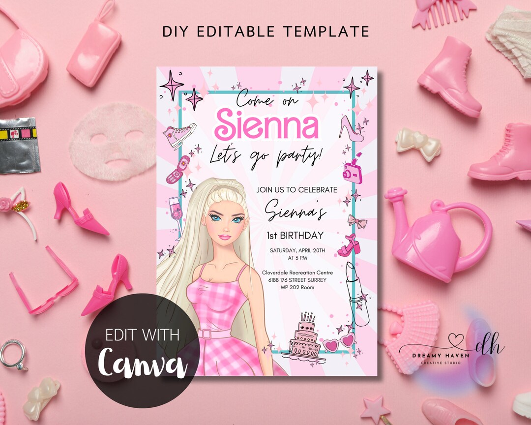 Lets Go Party Pink Doll Birthday Party Digital Invitation Printable ...