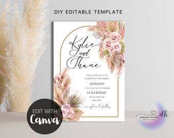 Pink Neutral Pampas Floral Wedding Digital Invitation Printable Template