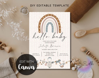 Hello Baby Boho Gender Neutral Baby Shower Digital Invitation Printable Template