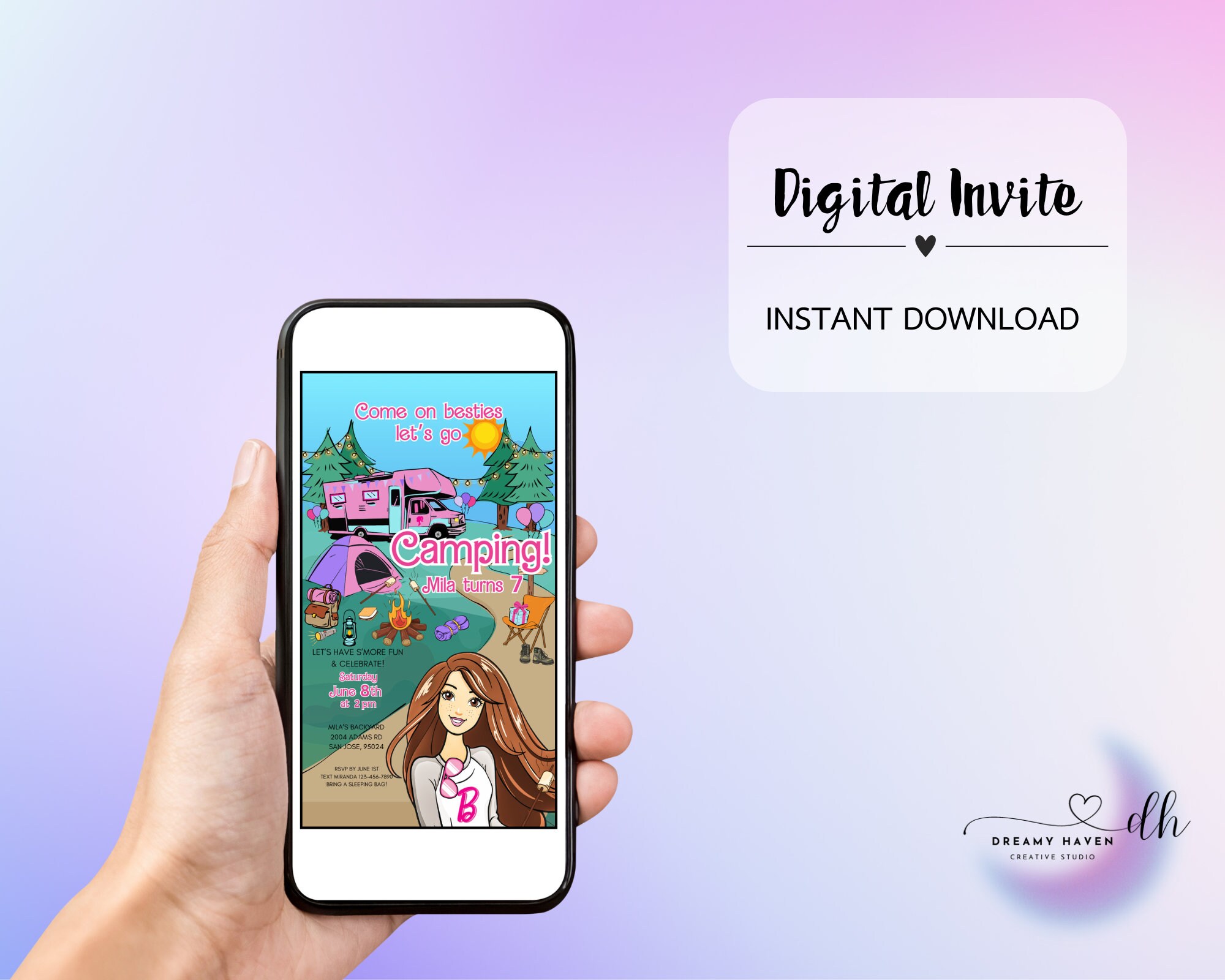 Lets Go Camping Pink Girly Doll Birthday Party Digital Invitation ...