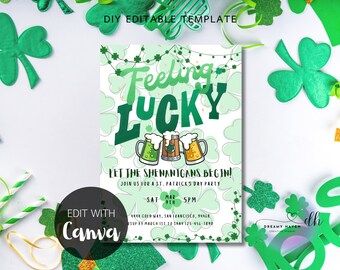 May include: A green and white printable invitation for a St. Patrick's Day party. The invitation features a cartoon illustration of two mugs of beer with shamrocks and the text "Feeling Lucky" and "Let the Shenanigans Begin!"  Join us for a St. Patrick's Day Party.  Sat. Mar. 9th 5pm.  RSVP by March 1st to Shay 125-456-7890.