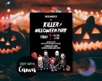 May include: A black and red Halloween party invitation with a scary movie theme. The invitation features a group of horror movie characters, including Pennywise the clown, Michael Myers, Freddy Krueger, and Jason Voorhees. The text on the invitation reads "You're invited to a Killer Halloween Party" and includes the date, time, and RSVP information.