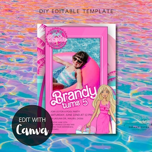 May include: Pink and blue pool party invitation with a photo of a girl in a pool float and a Barbie doll. The text reads "Brandy turns 5" and includes details for a pool party.  Edit with Canva.
