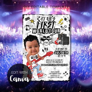 Peut inclure: Une invitation de fête imprimable en noir et blanc avec une illustration de dessin animé d'un bébé jouant de la guitare. Le texte sur l'invitation indique "Zayne's First World Tour" et "Samedi 6 juillet à 13h".