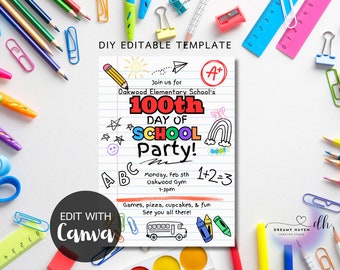 100th Day of School 100 Days of School 100 Days Smarter Party Digital Invitation Printable Template