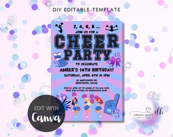 May include: A printable cheer party invitation with a pink and blue background. The invitation features a cheerleading theme with pom-poms, cheerleaders, and the text "Cheer Party" in bold black letters. The invitation is for Amber's 14th birthday party and includes the date, time, and location of the party. The text "RSVP by April 1st to Aileen at 123-456-7890. Wear gym clothes or cheerleader gear!" is also included.