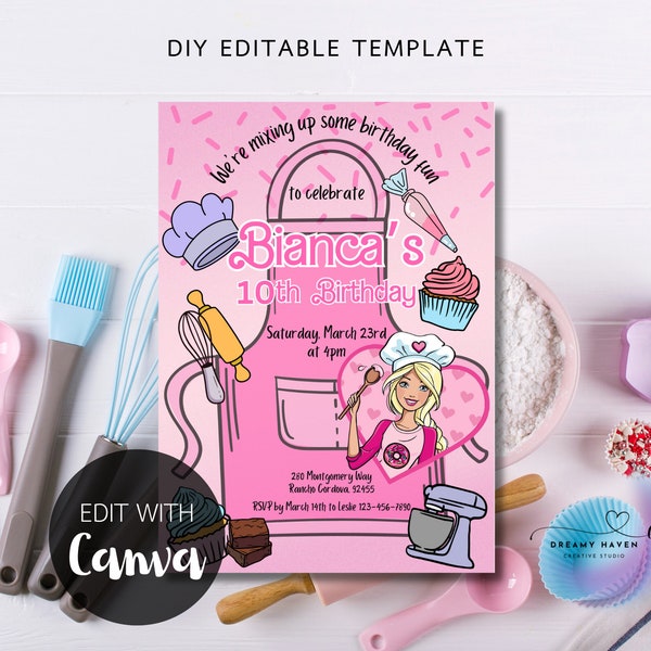 Pink Baking Birthday Party Digital Invitation Printable Template