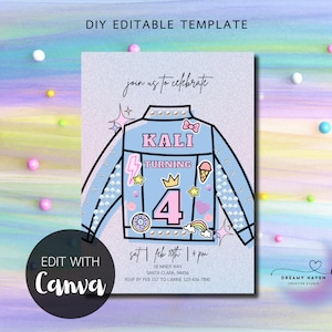 May include: A blue denim jacket birthday party invitation with a pink number 4, the name "KALI" and the text "Turning 4". The invitation has a glittery background and is decorated with colourful patches and rhinestones.