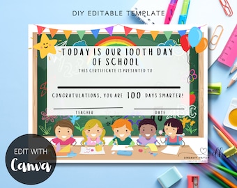 100th Day of School 100 Days of School 100 Days Smarter Digital Certificate Printable Tenplate