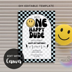 One Happy Dude Retro Happy Smiley Face First Birthday Digital Invitation Printable Template