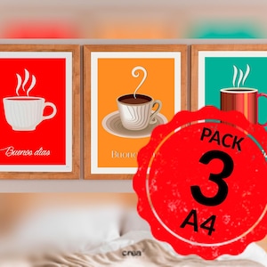 Pack 3 carteles taza café/Arte vintage papercutout/Arte mural café/Decoración de cocina/arte IMPRIMIBLE/PNG sublimación/descarga digital/ A4