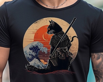 Premium T-Shirt - Japanische Retro Samurai Katze - Die große Welle vor Kanagawa - Hokusai - Premium Fair Labor T-Shirt, Japan Welle