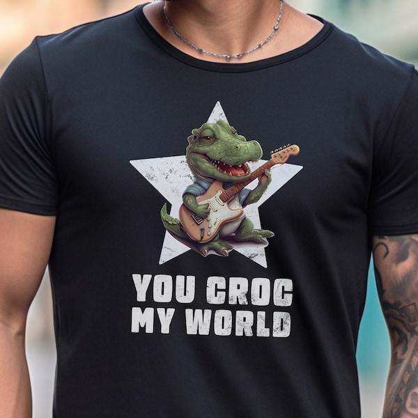 Rock T-Shirt "You Croc My World" - Lustiger Spruch mit Krokodil Rockstar and der E-Gitarre, witziges Geschenk für Ihn - Musik Premium Shirt