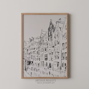 Amsterdam Canal Houses Print | Black and White Urban Sketch Art | Minimalist Digital Download | PTCT-05