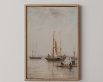 ヴィンテージ風の帆船風景｜落ち着いた水彩画風の湖畔アート｜航海をテーマにした壁飾り用デジタルプリント｜PTSS-01