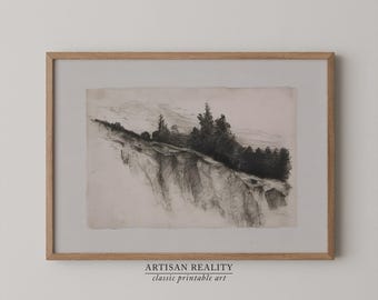 Vintage Landscape Etching Print | Rustic Cliffside Drawing | Printable Neutral Wall Art | LSSK-06