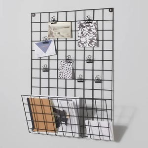 Tableau d'affichage moderne avec étagère, grille de rangement murale - affichage de photos, grande grille murale métallique avec étagère, tableau photo décoratif mural