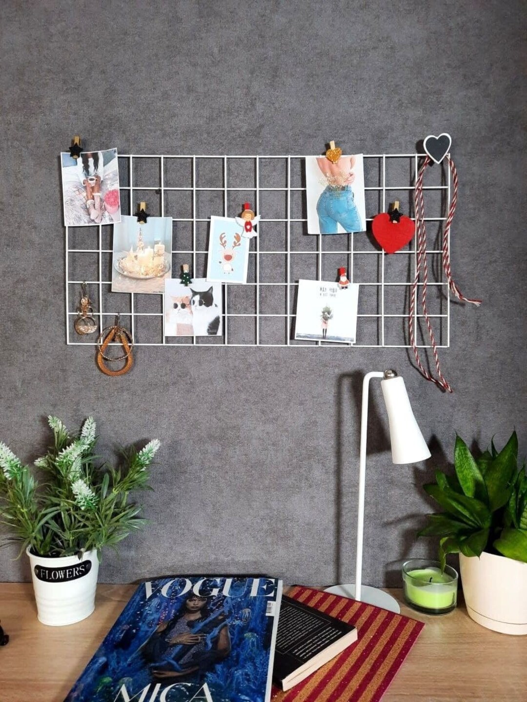 White Wall Grid & Wire Noticeboard, Bedroom Wall Hanging Mesh Board