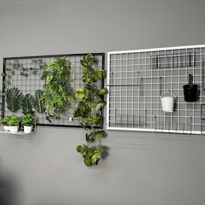 Peut inclure: Deux panneaux muraux rectangulaires en treillis métallique, l'un noir et l'autre blanc, avec un motif en grille. Le panneau noir supporte un feuillage vert artificiel et des petites plantes en pot. Le panneau blanc comporte des paniers.